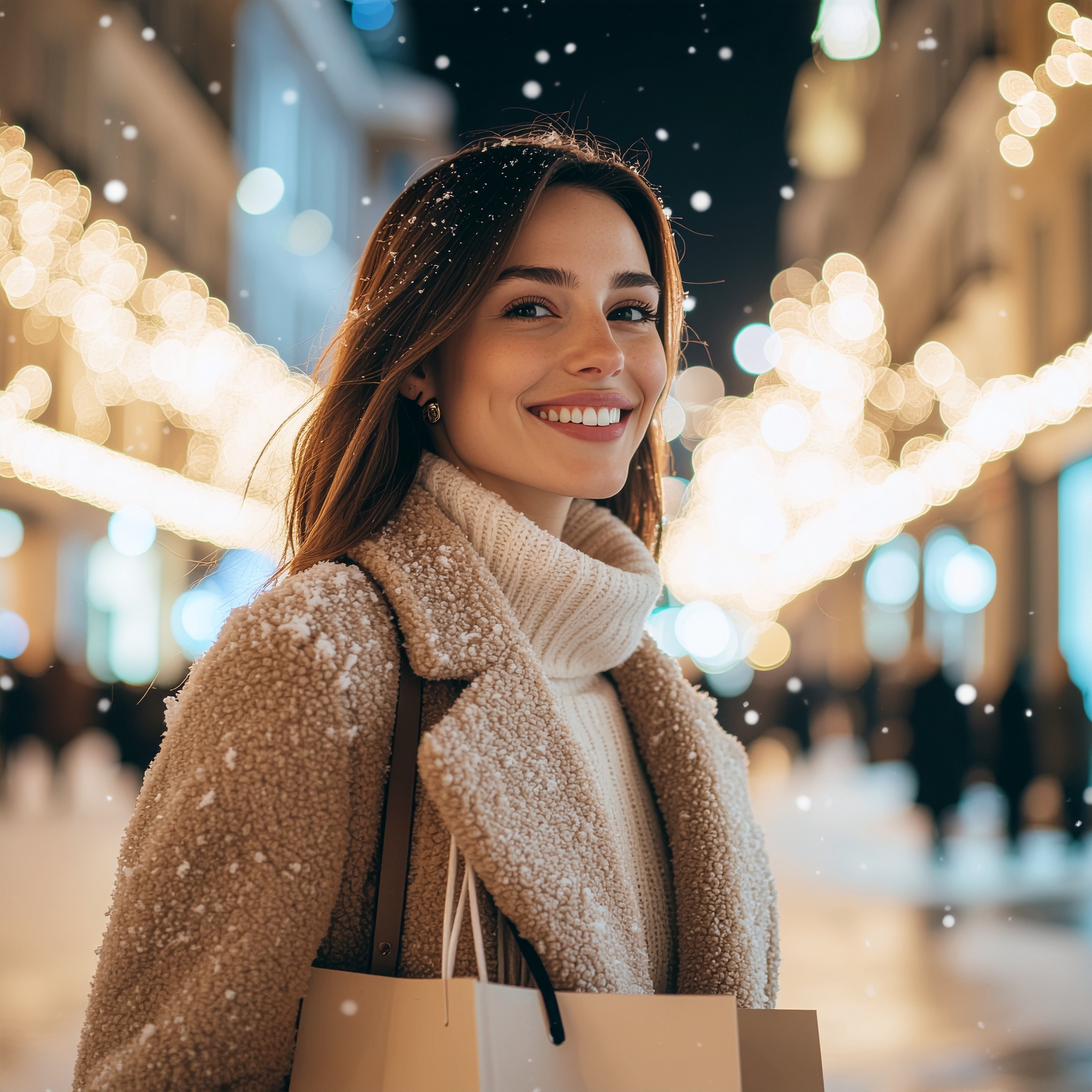 Smiling Woman in Festive Night Street with Shopping Bag